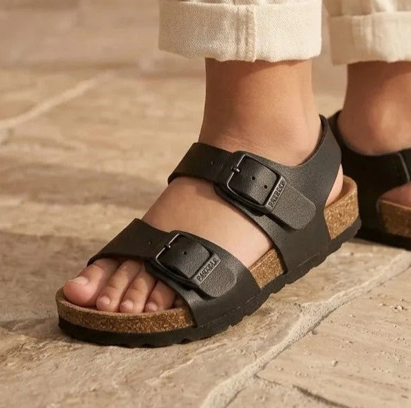 Sandale Pastelle Noir Enfant à Boucle, Semelle Confort en Cuir
